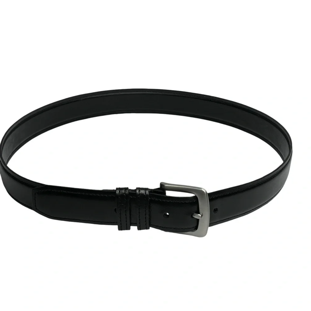 Men’s Black Leather Belt Polished Nickel (Silver/Gray Color) Size 42 / 40” Waist